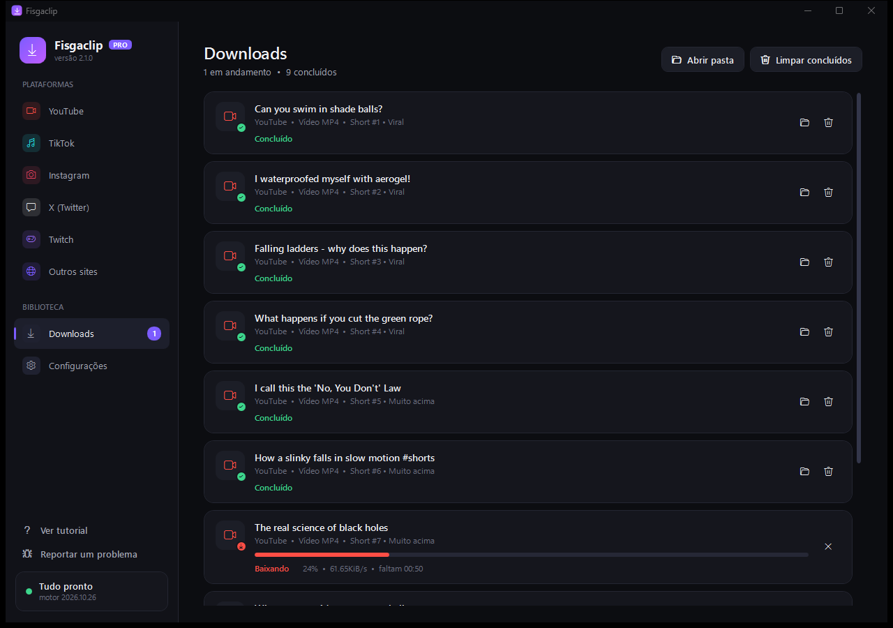 Fila de downloads com progresso