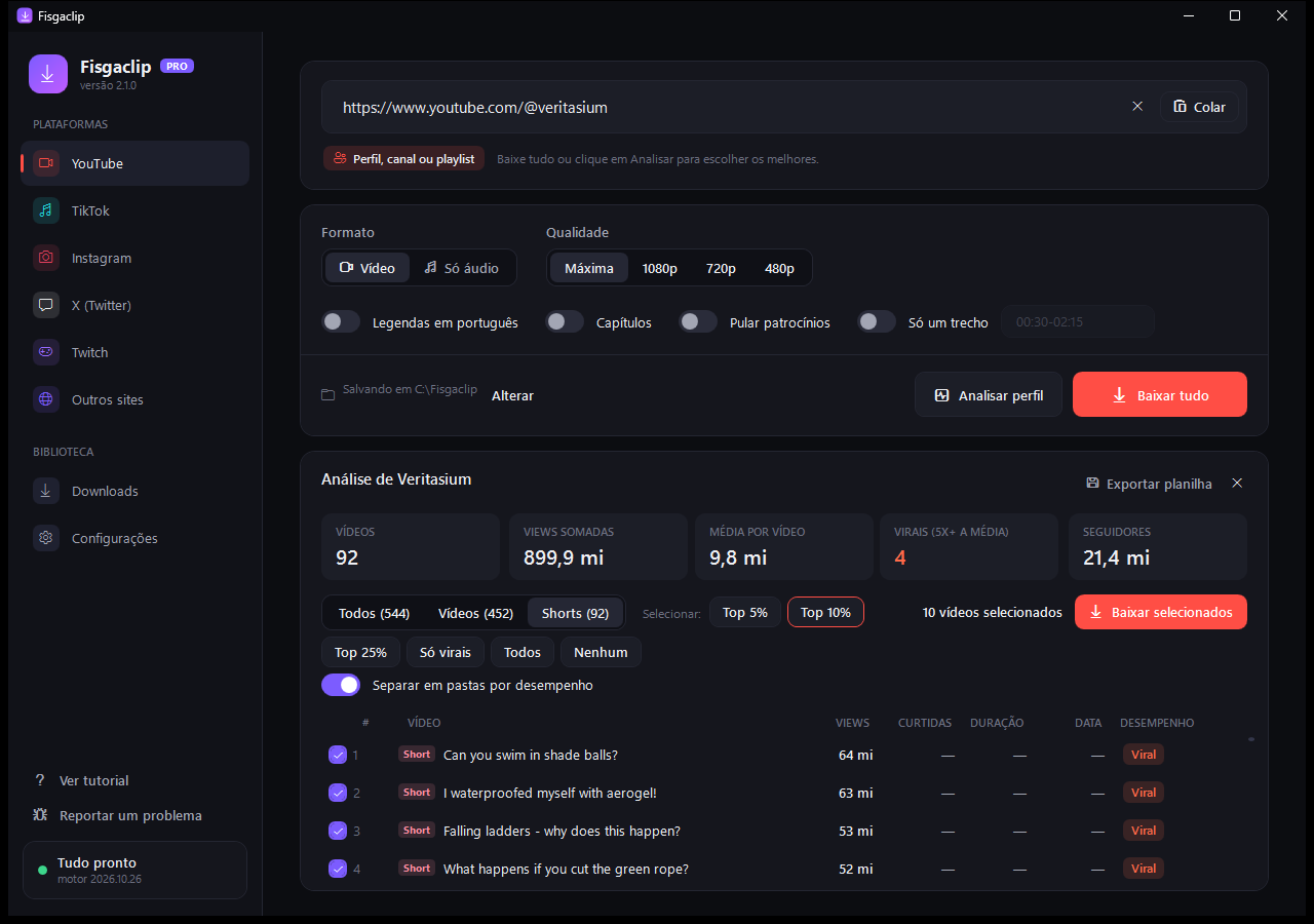 Filtro de Shorts com os 10% mais vistos selecionados